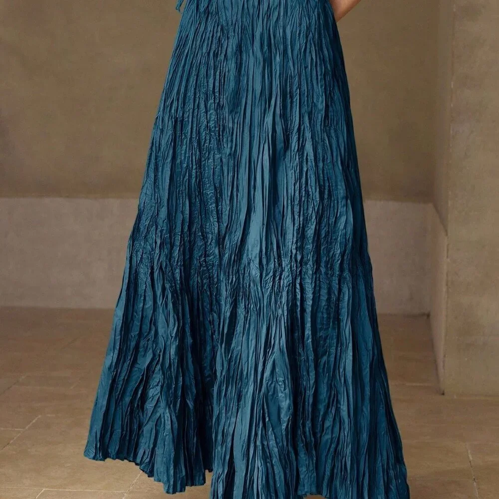 Baby Blue Elegant Women's Textured High Waist Maxi Skirt